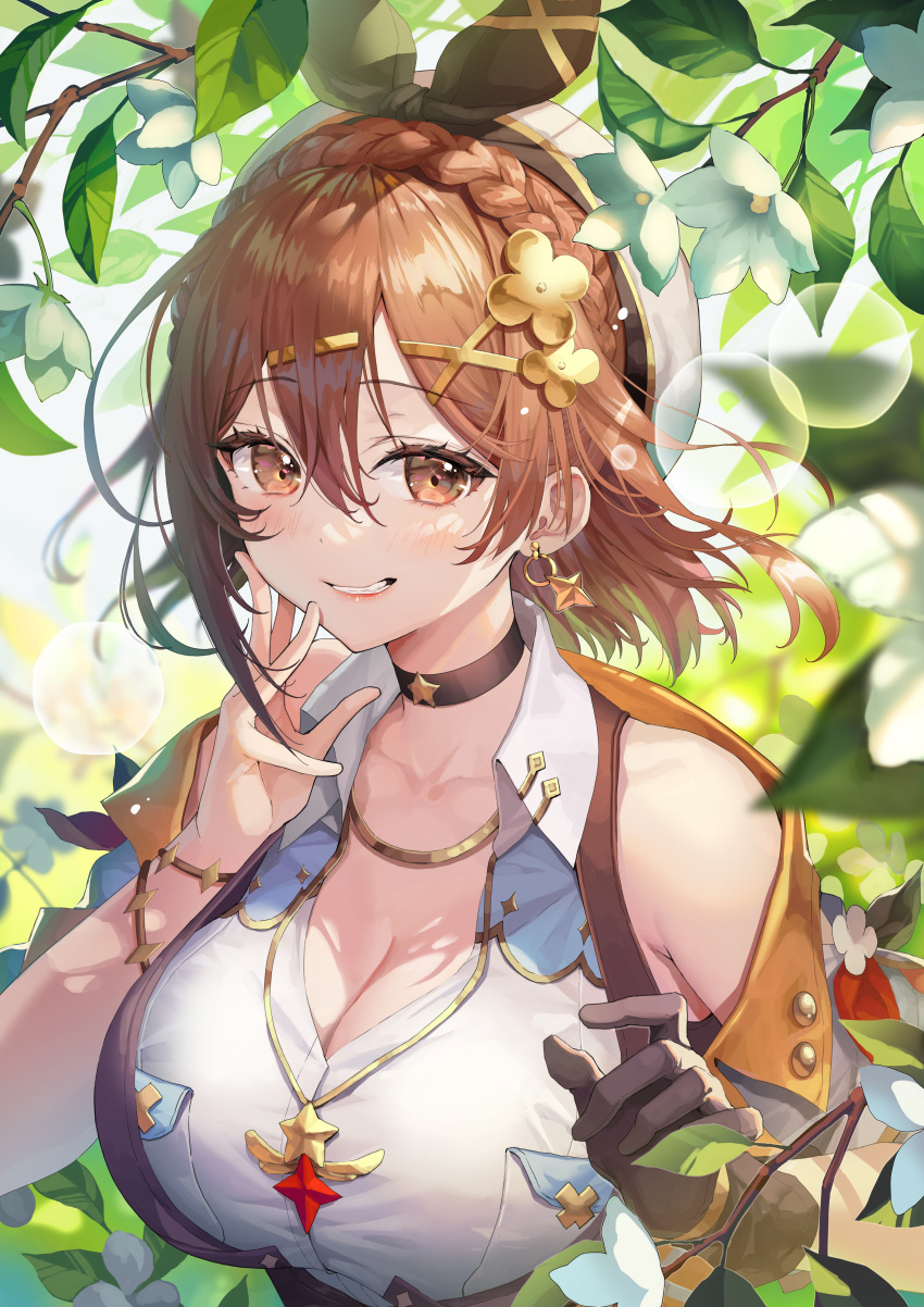 absurdres atelier_(series) atelier_ryza atelier_ryza_3 big_breasts braid breasts brown_eyes brown_hair busty cleavage female guest_art hair_ornament hairclip hat highres huge_breasts jewelry large_breasts looking_at_another looking_at_viewer necklace official_art okuma_mai reisalin_stout shirt short_hair smile solo