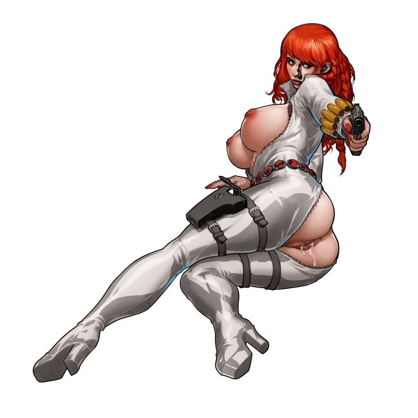 1girls after_sex aiming ass black_widow_(marvel) bodysuit breasts_out cum female female_only guron555 large_breasts marvel on_side pistol pussy red_hair solo thigh_holster white_background