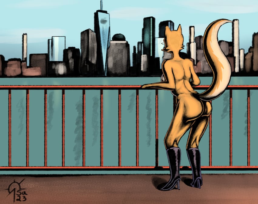 absurd_res anthro ass breasts canid canine city cityscape eyewear female fox glasses hi_res lt._fox_vixen mammal nude railing rear_view sacrificabominat sea sek_studio sky solo squirrel_and_hedgehog water