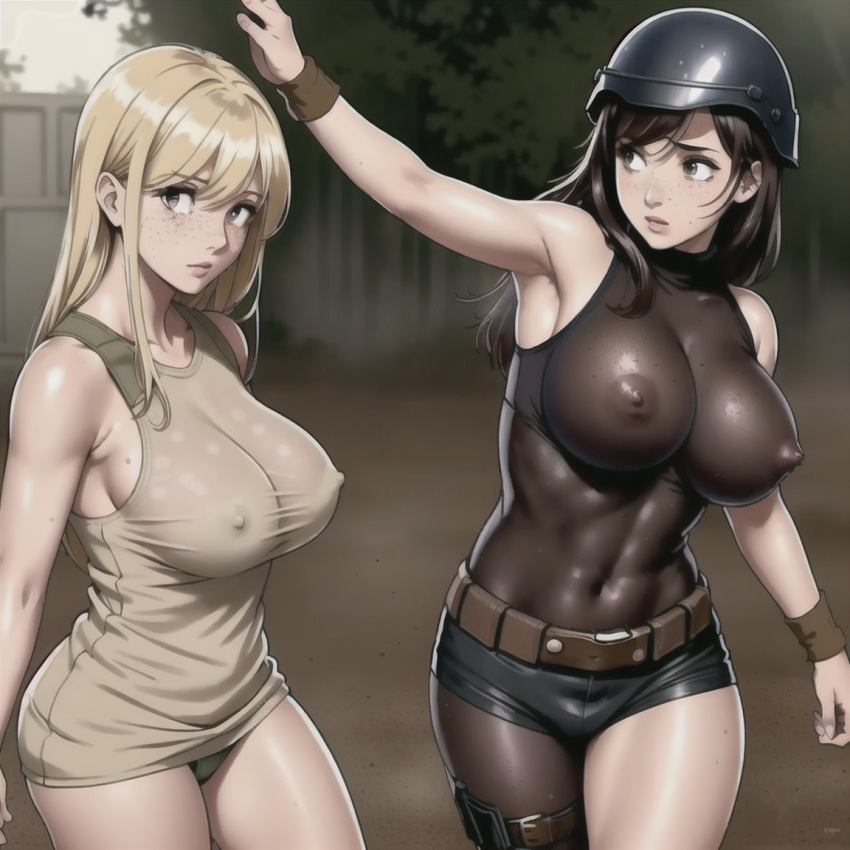 abs ai_generated audiostick belt blonde_hair booty_shorts bracelet breasts brown_hair freckles gloves huge_breasts large_breasts military nipples see-through shorts skin_tight skintight stable_diffusion tan_shirt tank_top taut_clothes