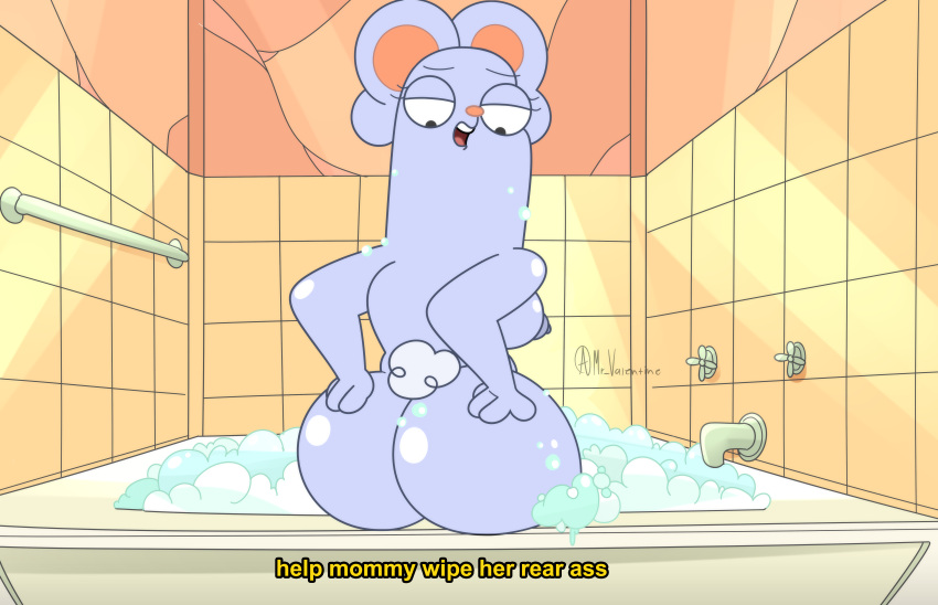 1girls bathroom blue_fur breasts bunny_ears disney disney+ exposed_breasts half-closed_eyes kiff_(series) lagomorph leporid mary_buns milf mr_valentine00 nipples open_mouth shower soap talking_to_viewer text thick_thighs washing_self water