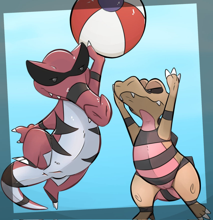 2023 anthro anus ball beach_ball blue_background brown_body casual_nudity crocodilian duo facial_markings female flat_chested generation_5_pokemon genitals head_markings hi_res honeymono inflatable jumping krookodile markings mask_(marking) nintendo nude pokemon pokemon_(species) pussy realistic_animal red_body reptile sandile scalie simple_background sport volleyball