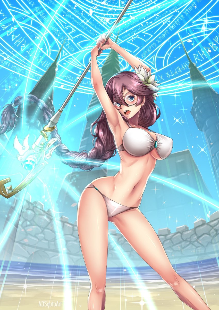 1girls adsouto beach big_breasts blue_eyes class_president curvy cute eiyuu_densetsu emma_millstein flower_in_hair glasses highres magic magic_wand pink_hair pose sen_no_kiseki thick_thighs trails_of_cold_steel white_bikini white_skin witch