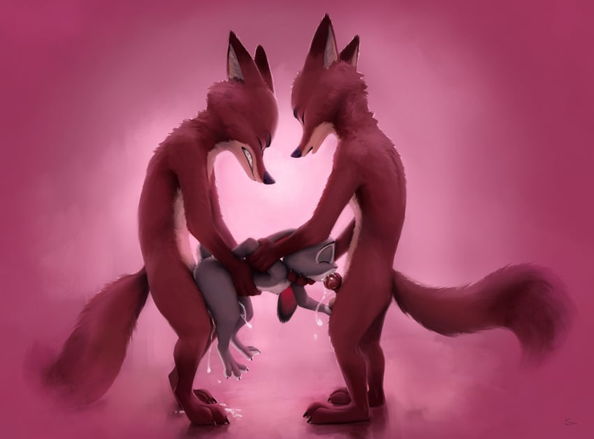 2023 anthro bodily_fluids canid canine claws closed_eyes cum cum_in_mouth cum_inside digital_media_(artwork) disney female flat_chest fox fur genital_fluids group group_sex hi_res judy_hopps knot lagomorph larger_male leporid male male/female mammal nick_wilde nude oral rabbit s1m sex side_view size_difference threesome toe_claws zootopia