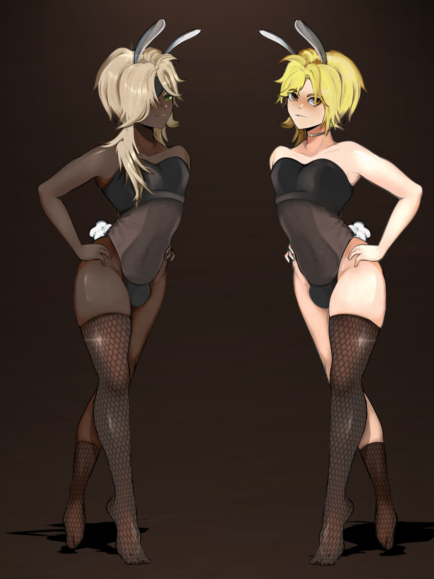 blonde_hair boy boys bulge bunny bunny_costume bunny_girl dark-skinned_femboy dark-skinned_male doodle_(pixiv) duo femboy feminine_male light-skinned_femboy light-skinned_male original_characters stockings white_hair_femboy