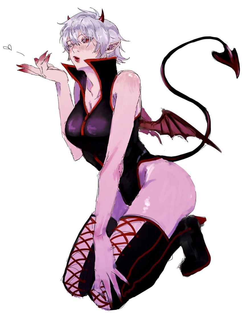 alternate_costume black_legwear black_leotard canon_genderswap claws cleavage colored_sketch demon_girl demon_horns demon_tail demon_wings female female_only genderswap_(mtf) ginko_sakata gintama gintoki_sakata high_heel_boots high_heels horns kneeling leotard lipstick looking_at_viewer march_tai pointy_ears popped_collar red_eyes red_lipstick red_nails rule_63 sharp_claws sharp_fingernails short_hair silver_hair solo succubus tail thigh_boots thighhighs very_short_hair wings wink