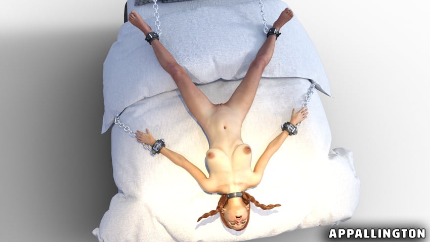 1girls 3d appallington bed braces breasts chained chains collar cuff_(restraint) cuffs female female_only freckles nude nude_female open_mouth red_hair shaved_crotch shaved_pussy solo spread_legs spreading teenager throat_fuck twintails