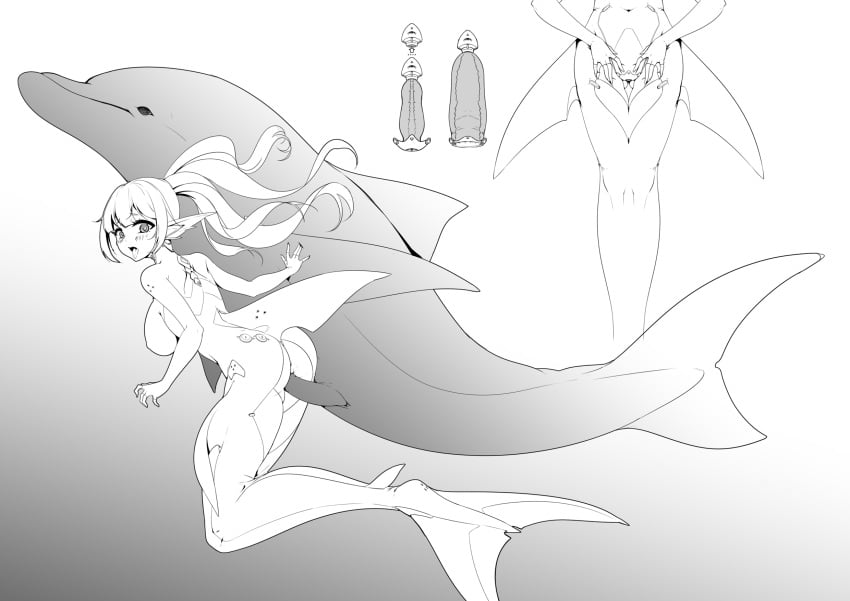 animal ass bzs_(kage_no_shinobu) cyborg dolphin female fin greyscale large_breasts long_hair mermaid penis robot sex zoophilia