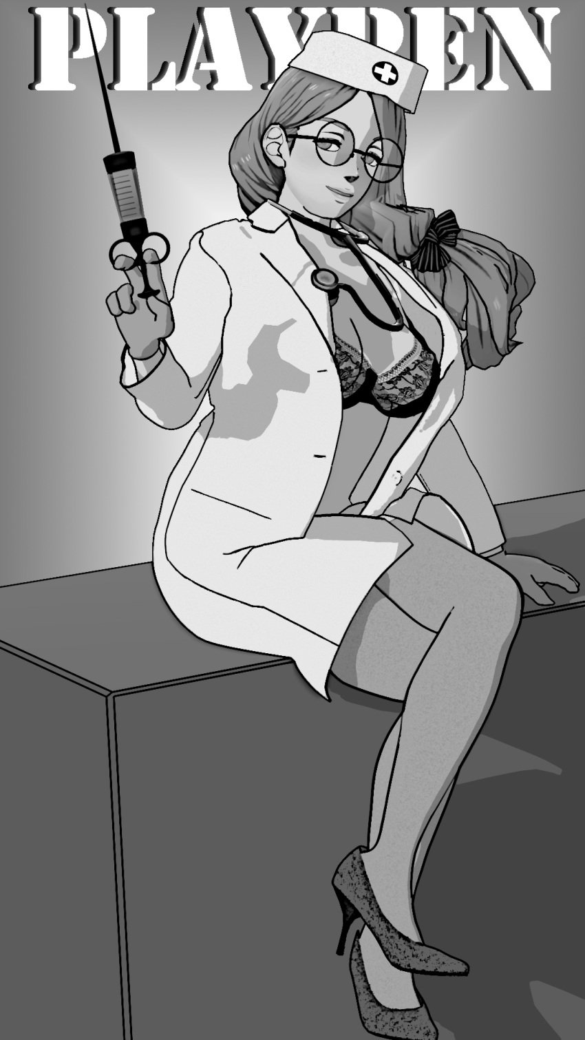 3d black_and_white cel_shading gunchapred long_hair mercedes_von_martritz nurse nurse_cap nurse_uniform reds_light_district syringe tagme