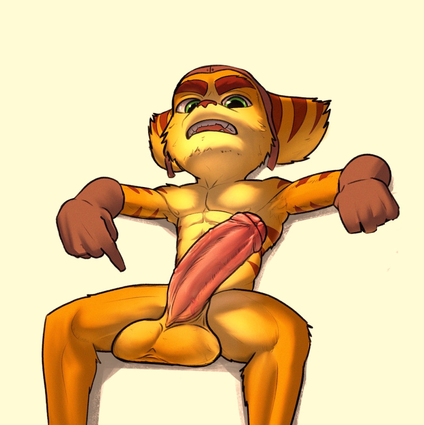 abs anthro athletic athletic_male balls big_balls big_penis clothing dominant dominant_male emit foreskin genitals gesture gloves handwear hi_res lombax male male_only mammal muscular muscular_anthro muscular_male penis pointing pointing_at_self presenting presenting_penis ratchet_(ratchet_and_clank) ratchet_and_clank saggy_balls small_but_hung solo solo_male sony_corporation sony_interactive_entertainment thick_penis