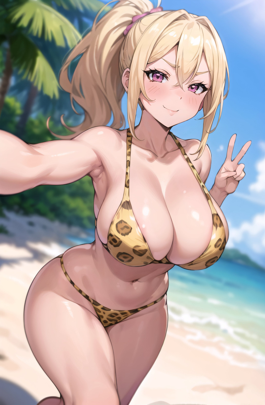 1girls ai_generated armpits beach blonde_hair breasts cleavage female high_resolution huge_breasts leopard_print_bikini light-skinned_female light_skin long_hair original original_character outdoors ponytail purple_eyes stable_diffusion stuffyai thick_thighs