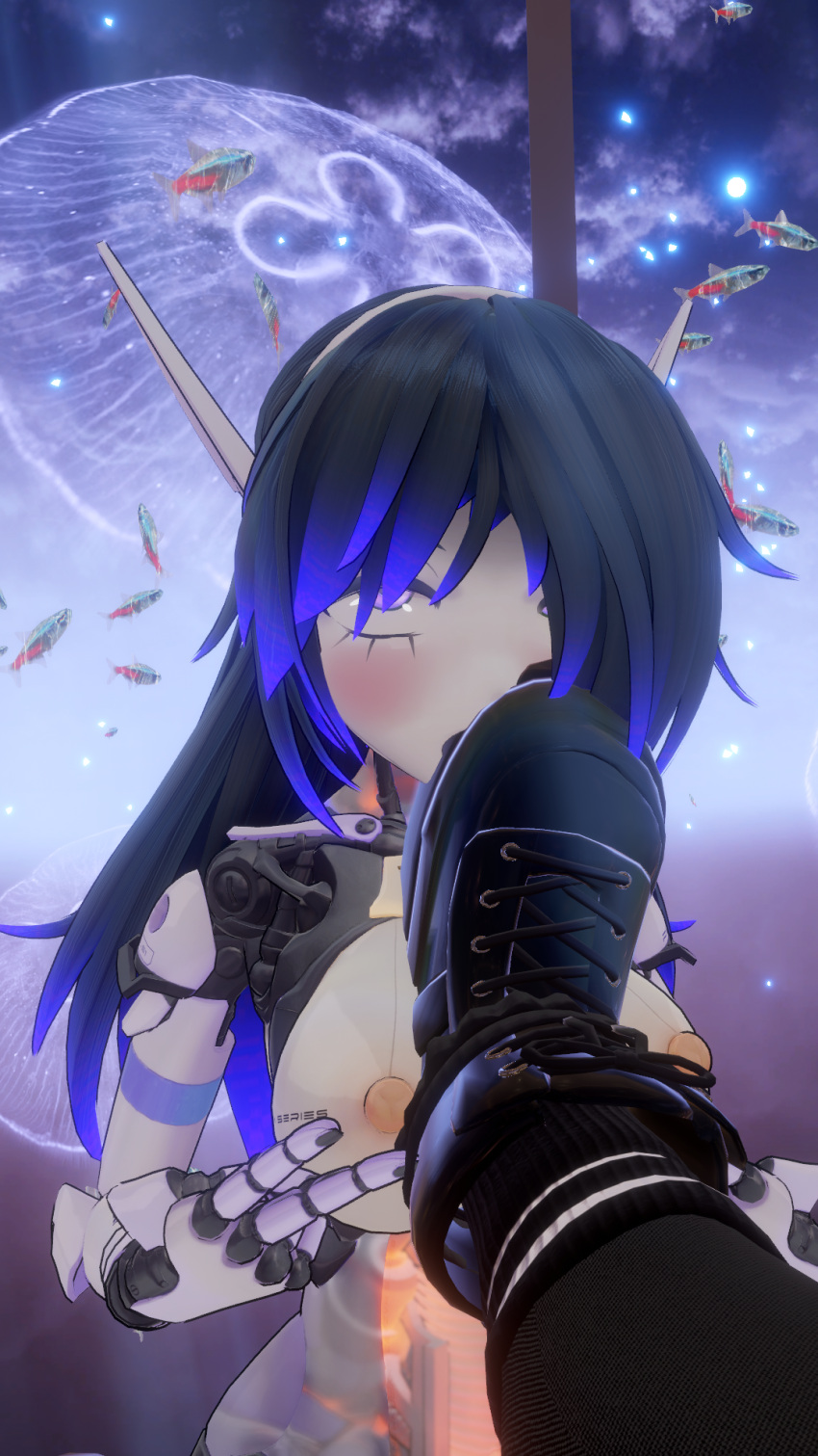 blue_eyes blue_hair boots boots_lick eyeroll nipples robot_girl