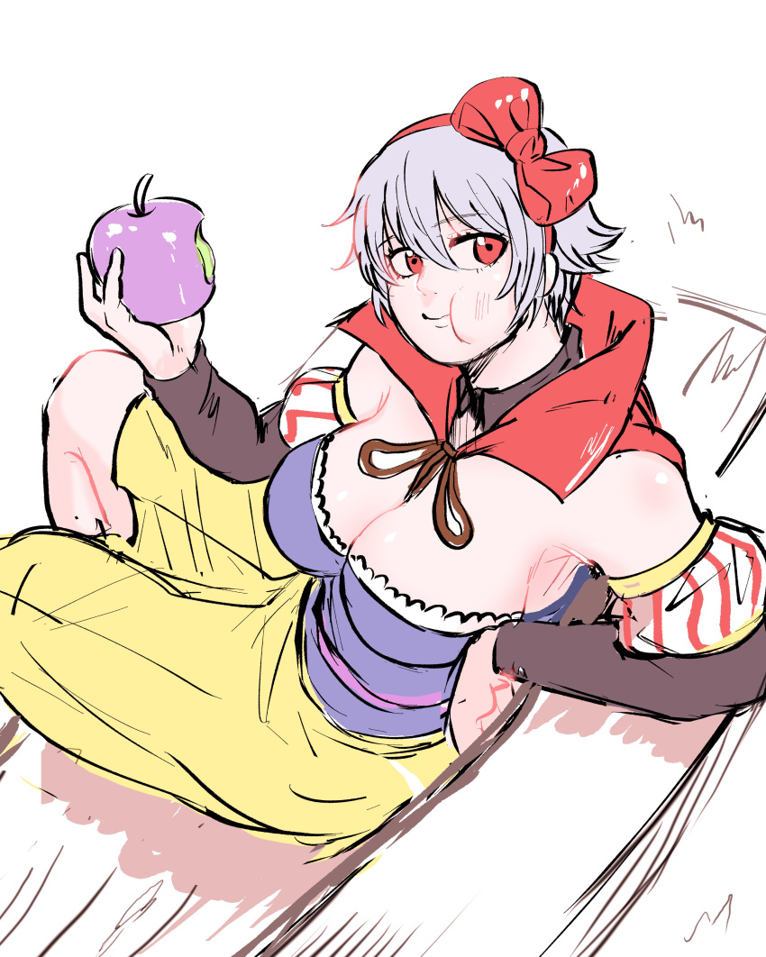 apple big_breasts canon_genderswap cleavage colored_sketch cosplay crossover_cosplay detached_sleeves disney eating female female_only food genderswap_(mtf) ginko_sakata gintama gintoki_sakata grey_hair hair_ribbon hairband hairbow looking_back moromoro10101 official_alternate_costume red_eyes rule_63 short_hair sitting smile snow_white_(cosplay) solo very_short_hair white_hair