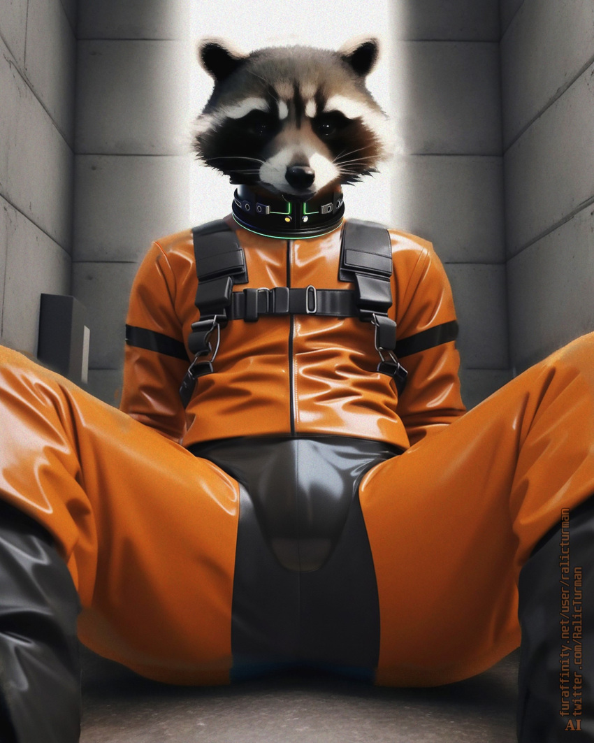 ai_generated anthro bulge chest_harness collar guardians_of_the_galaxy looking_at_viewer male_only marvel orange_suit prison_uniform raccoon ralic_turman rocket_raccoon rubber rubber_suit sitting_on_floor spread_legs