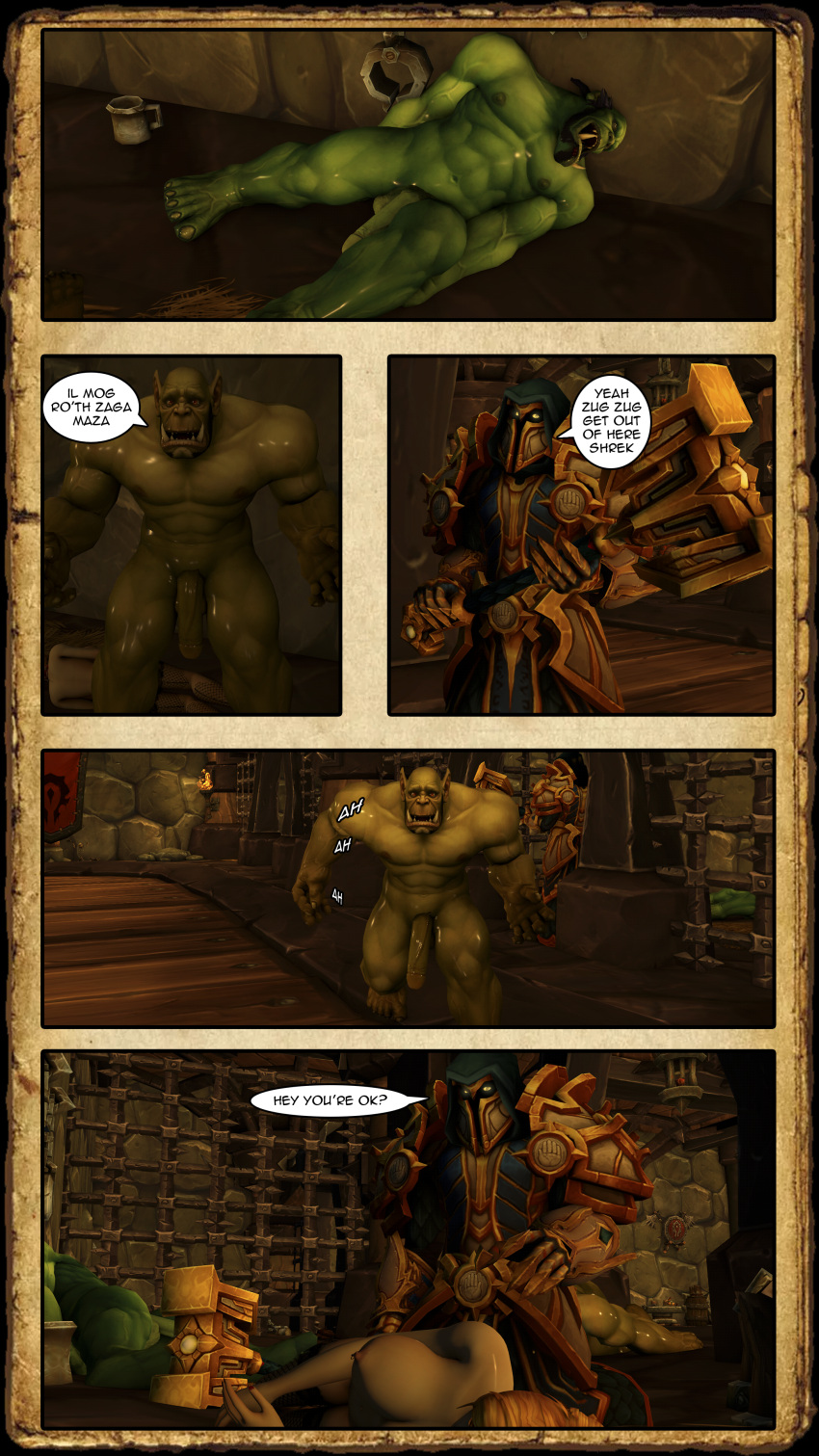 3d alyssania big_breasts blizzard_entertainment blonde_hair comic comic_page dialogue female fight green_skin human human_(world_of_warcraft) interspecies justicar_alberto justicaralb light-skinned_female light-skinned_male light_skin male multiple_boys orc orc_(warcraft) orc_male original_character warcraft world_of_warcraft