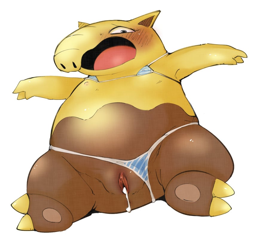 anthro bikini blush bodily_fluids brown_body chubby_female clitoris clothing cum doneru drowzee female flat_chested generation_1_pokemon genital_fluids genitals hi_res leaking_cum leaking_pussy looking_at_viewer nintendo nipple_slip nipples pokemon pokemon_(species) pussy simple_background skimpy_bikini solo swimwear white_background yellow_body