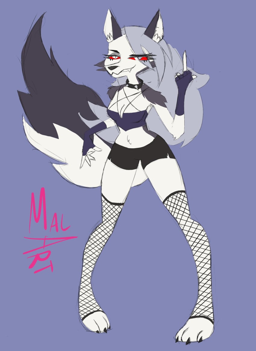 animal_humanoid collar corset fingerless_gloves fishnet_legwear fishnets fur helluva_boss loona_(helluva_boss) malart middle_finger red_eyes shorts smiling solo solo_female standing wolf_ears wolf_girl wolf_tail