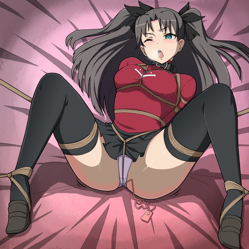 1girls black_hair black_legwear blush bondage bound bound_arms collar fate/stay_night fate_(series) female female_only femsub green_eyes hair_ornament hi_res legwear long_hair medium_breasts one_eye_closed panties rope skirt_lift steam thighhighs tiedtiki tohsaka_rin vibrator vibrator_under_panties