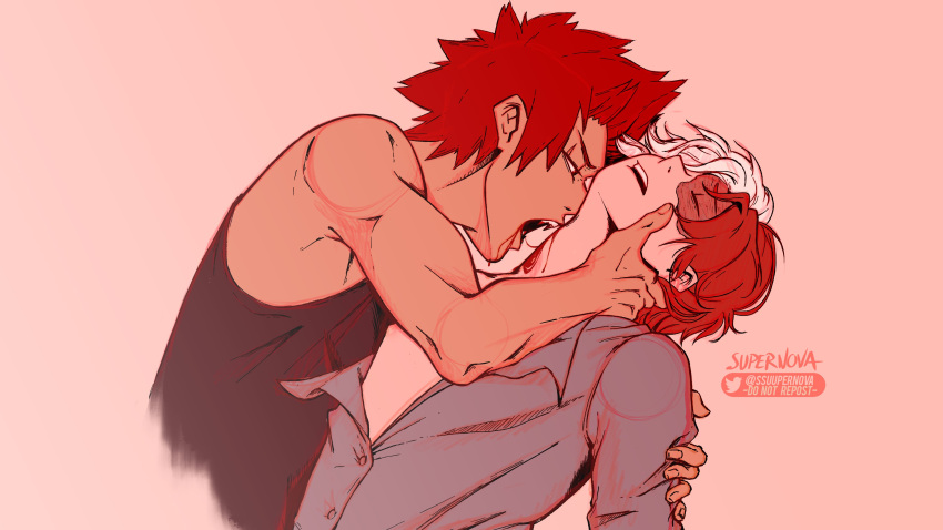 2boys bite bite_mark biting biting_neck eijirou_kirishima hand_on_neck holding_partner male male_only my_hero_academia red_hair sharp_teeth shouto_todoroki ssuupernova two_tone_hair yaoi