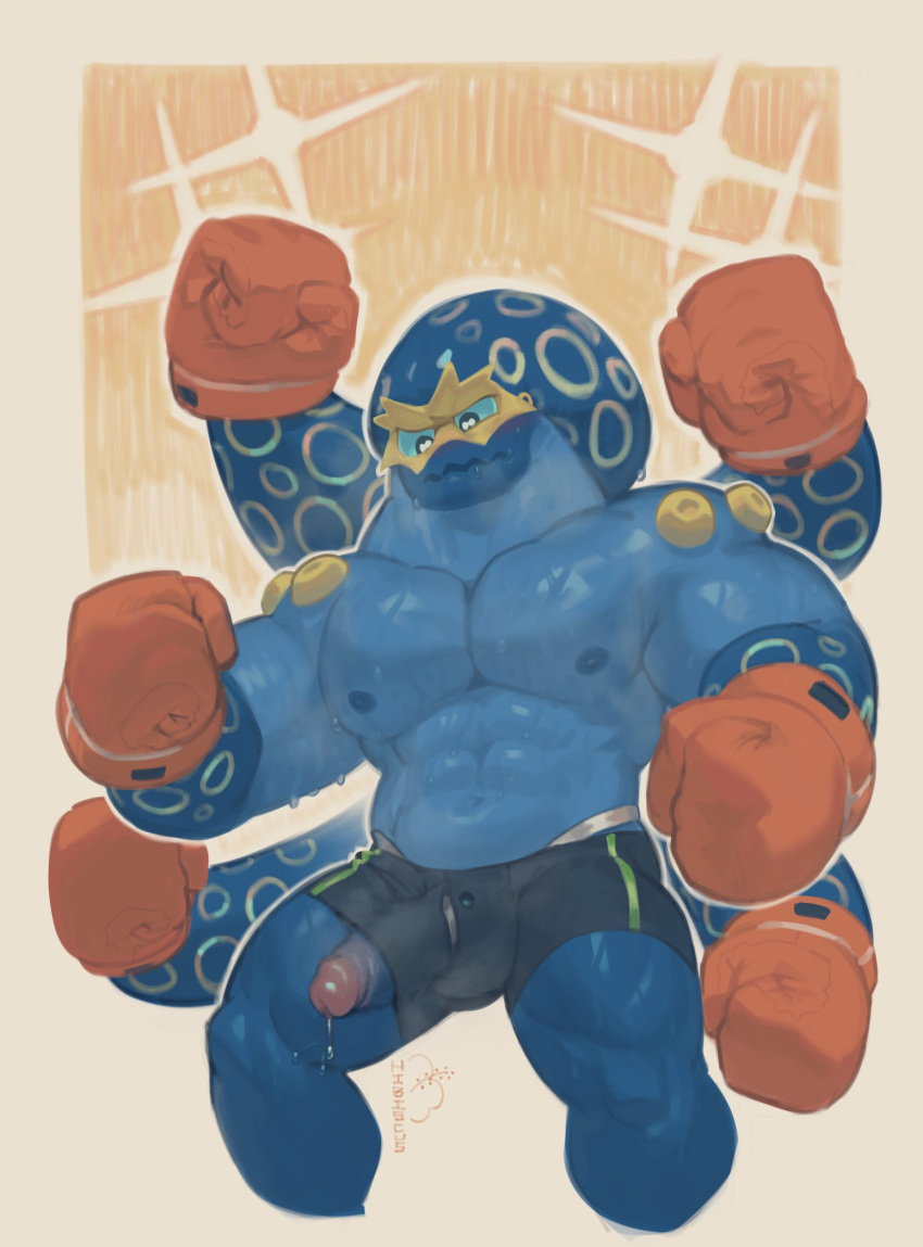 2023 abs absurd_res anthro biceps big_muscles blue_body blue_skin bodily_fluids bottomwear boxing_gloves bulge clothed clothing dripping embarrassed erection generation_8_pokemon genital_fluids genitals glistening glistening_body grapploct hairless handwear hi_res hibiscusemote humanoid_genitalia jockstrap male male_only moba_(artist) muscular muscular_anthro muscular_male navel nintendo nipples pecs penis penis_through_leghole pokemon pokemon_(species) poking_out precum precum_drip pubic_mound shorts signature simple_background solo sweat tentacle underwear wardrobe_malfunction