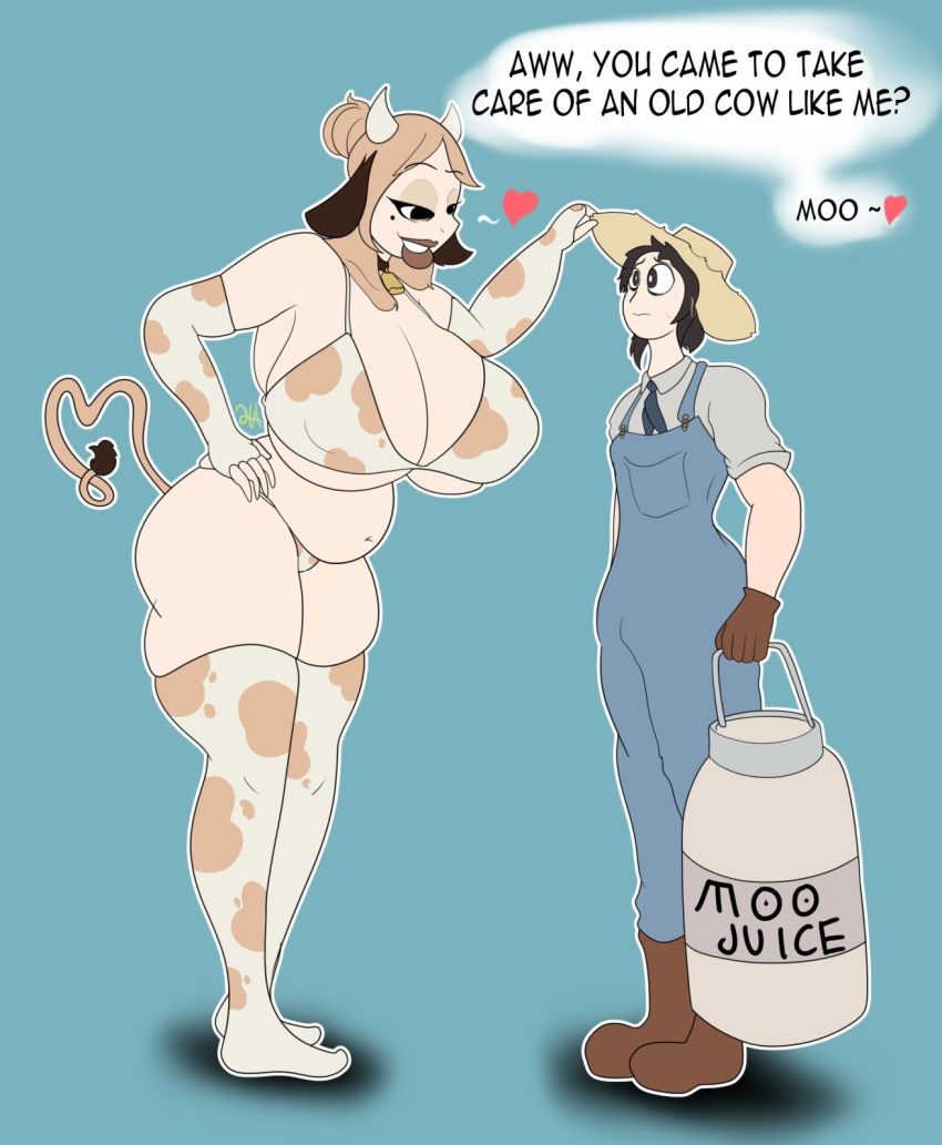 breasts brown_hair chubby clothed clothing cow_girl cow_print dirty_talk farmboy grey_hair hand_on_face hand_on_hat huge_breasts human lactation madame_lorena milking mommy_kink mostly_nude salhungry thick_thighs voluptuous wide_hips