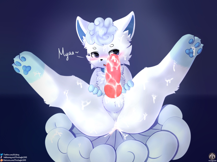 absurd_res alolan_form alolan_vulpix animal_genitalia animal_penis anthro anus balls blue_eyes blush bodily_fluids canid canine canine_genitalia canine_penis cum cum_drip cum_in_ass cum_inside cum_on_face cum_on_feet cum_on_leg cum_on_penis cum_on_self cum_on_tail dripping erection facial_blush fur genital_fluids genitals hi_res knot male mammal nintendo open_mouth penis pokemon pokemon_(species) regional_form_(pokemon) senz simple_background solo spread_legs spreading tail text url vulpix white_body white_fur