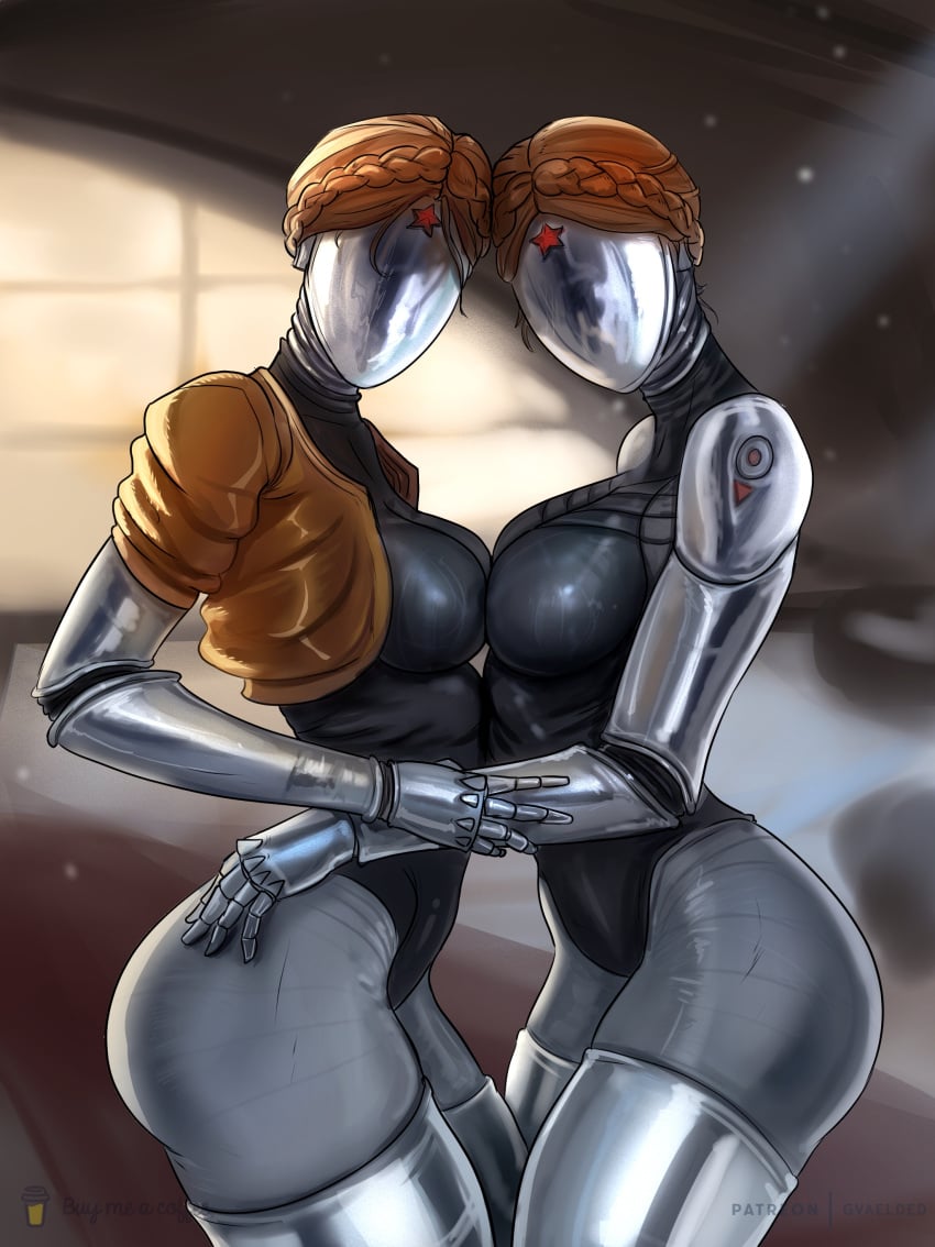 2girls android arm_grab atomic_heart big_ass big_breasts braid breasts_touching duo_female faceless_female female female_only females_only gvaelded hand_on_thigh high_resolution humanoid jacket left_(atomic_heart) looking_at_viewer metallic_body right_(atomic_heart) robot robot_girl robot_humanoid tagme the_twins_(atomic_heart) window