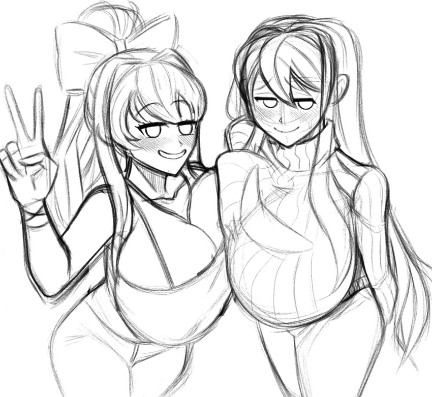 2girls blush breast_cutout breast_squish breasts_frottage doki_doki_literature_club embarrassed female_only huge_breasts keyhole_turtleneck monika_(doki_doki_literature_club) peace_sign sketch smile smiling snesti sweater yuri_(doki_doki_literature_club)