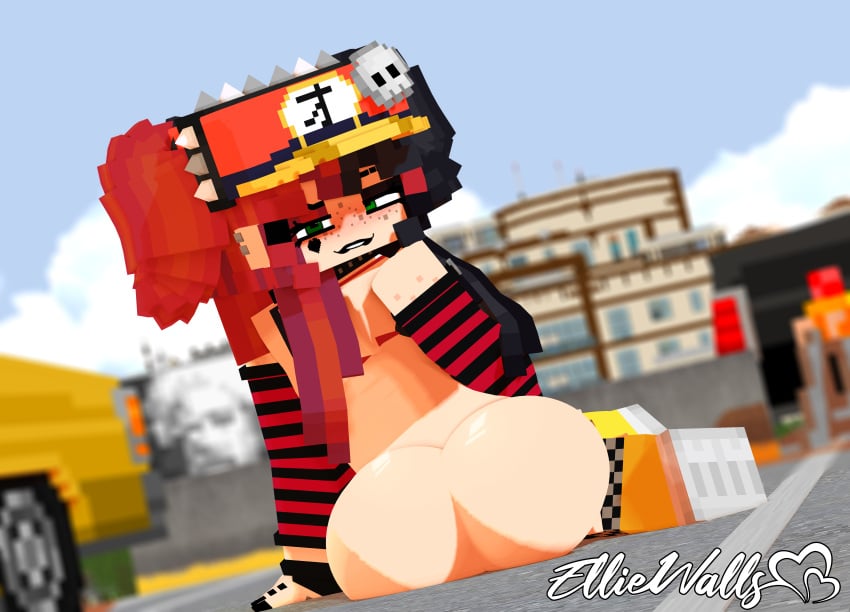 1girls 3d armwear ass big_ass bubble_butt car ellie_walls_(odysseyellie) face_tattoo fat_ass female female_only freckles goth goth_girl hat heart_tattoo huge_ass large_ass legwear looking_at_viewer looking_back mine-imator minecraft nude nude_female odysseyellie outside parking_lot public public_nudity shoes sitting sitting_on_ground skull_hair_ornament solo spiked_hairband tattoo thick_ass two_tone_hair vehicle