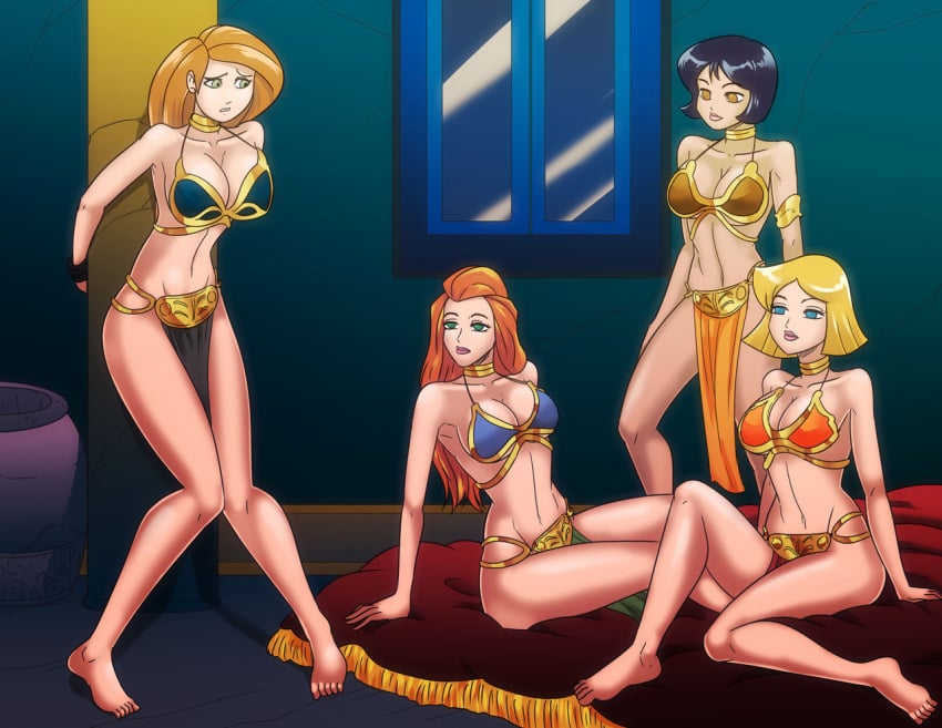 4girls alex_(totally_spies) arms_behind_back barefoot belly_dancer belly_dancer_outfit big_breasts black_hair blonde_hair blue_eyes bondage bound cleavage clover_(totally_spies) collar cosplay crossover disney disney_channel empty_eyes female female_only femsub green_eyes harem harem_girl harem_outfit hazel_eyes hypnosis hypnotized imminent_hypnosis kim_possible kimberly_ann_possible large_breasts latina loincloth long_hair lucasfilm medium_hair mind_control multiple_girls orange_hair revealing_clothes sam_(totally_spies) short_hair sitting_on_pillow skimpy_clothes slave slave_bikini slave_collar slave_leia_(cosplay) slave_outfit slavegirl star_wars submissive_female totally_spies wadevezecha