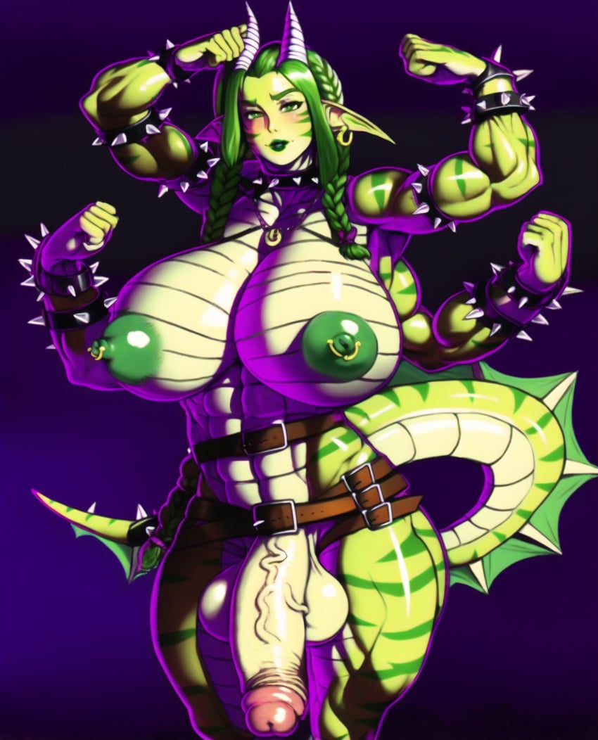 1futa 4_arms ai_generated areolae balls belly_scales big_balls big_penis black_background braided_hair breasts draconic draconic_humanoid draconid dragon_girl dragon_horns dragon_tail dungeons_and_dragons elf_ears flaccid flexing flexing_arms flexing_bicep futa_only futanari green_eyes green_hair green_lips green_lipstick green_stripes horns huge_balls huge_breasts huge_cock huge_nipples huge_testicles humanoid humanoid_penis josilfa_axe-breaker large_balls large_breasts large_penis leather_belt long_hair monster_girl multi_arm multi_limb muscles muscular muscular_futanari nai_diffusion nipples nude original_character penis pointy_ears solo spiked_armband spiked_bracelet spiked_collar spikes stable_diffusion standing tail tail_frill yellow_body yellow_skin