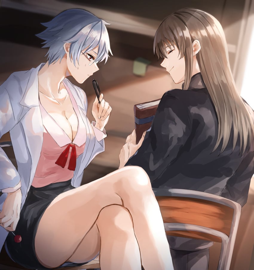 1boy 1girls brown_hair canon_genderswap class_3-z classroom cleavage crossed_legs female fully_clothed gakuran genderswap_(mtf) ginko_sakata gintama gintoki_sakata glasses hariharima_200 labcoat lollipop long_hair_male looking_at_another male medium_breasts miniskirt nervous official_alternate_costume pencil_skirt rule_63 school_uniform short_hair silver_hair sitting smile sweatdrop teacher teacher_and_student very_short_hair white_hair yoshida_shouyo