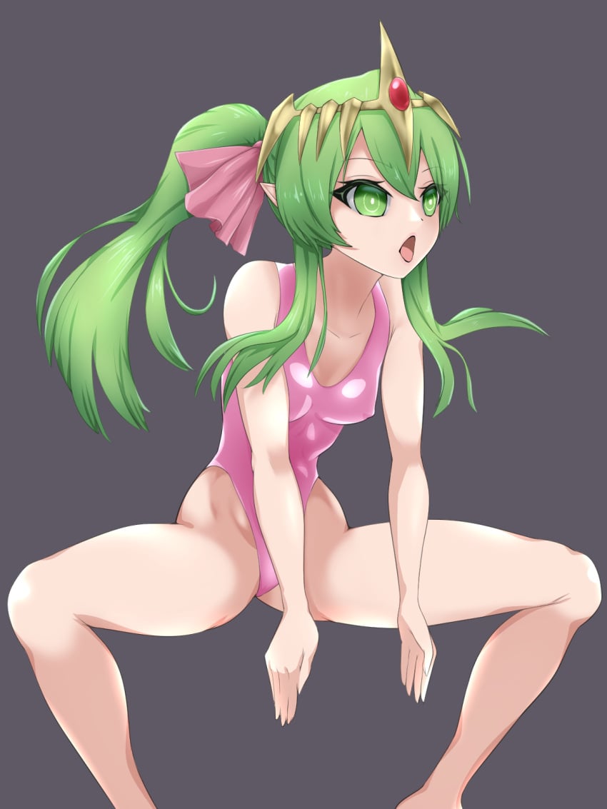 1girls alternate_costume ass_visible_through_thighs bare_arms bare_legs breasts corruption covered_nipples female female_only femsub fire_emblem fire_emblem:_mystery_of_the_emblem fire_emblem:_shadow_dragon_and_the_blade_of_light frown green_eyes green_hair legs long_hair mind_control nintendo one-piece_swimsuit open_mouth partially_visible_vulva pink_one-piece_swimsuit pink_swimsuit pointy_ears ponytail quarter_(quarter_r18) slave small_breasts solo squatting swimsuit tiki_(fire_emblem) tiki_(young)_(fire_emblem)