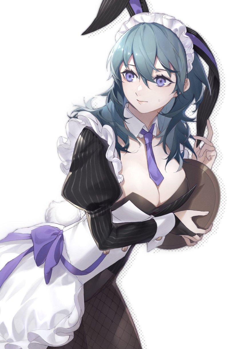 1girls alternate_costume animal_ears apron black_dress black_gloves black_leotard black_pantyhose blue_eyes blue_hair breasts bridal_gauntlets bunny_ears bunny_tail byleth_(fire_emblem) byleth_(fire_emblem)_(female) center_opening cleavage closed_mouth clovisxvii commentary cowboy_shot cuff_links detached_collar dress drop_shadow enmaided fake_animal_ears fake_tail fire_emblem fire_emblem:_three_houses fishnet_pantyhose fishnets frills gloves hair_between_eyes highres holding holding_tray juliet_sleeves large_breasts leotard lips long_hair long_sleeves maid maid_apron maid_headdress maid_uniform medium_hair necktie nintendo pantyhose playboy_bunny polka_dot_shadow puffy_sleeves purple_necktie purple_ribbon rabbit_ears rabbit_tail ribbon short_necktie simple_background solo striped striped_dress sweatdrop tail tray vertical-striped_dress vertical_stripes white_background wing_collar wrist_cuffs