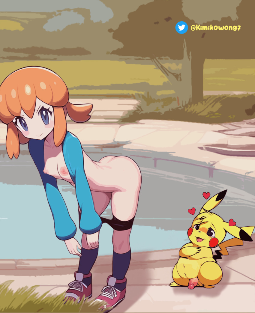 ai_generated ass breasts clothing duo female feral forest furry heart hi_res kimikowong7 male nintendo nipples panties_down partially_clothed penis pikachu pokémon_(species) pokemon pokemon_trainer red_hair scenery shorts small_breasts