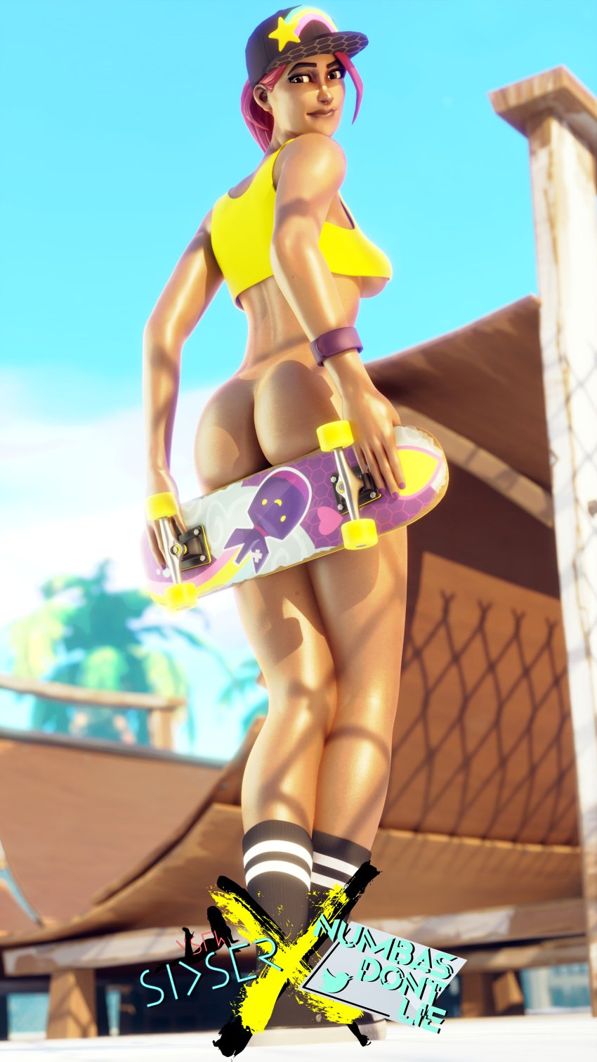 1girls 3d ass ass_focus beach_bomber big_ass big_butt covering_ass dat_ass female female_only fortnite fortnite:_battle_royale looking_back_at_viewer sixser skateboard solo solo_female sports_bra thenumbersdon'tlie