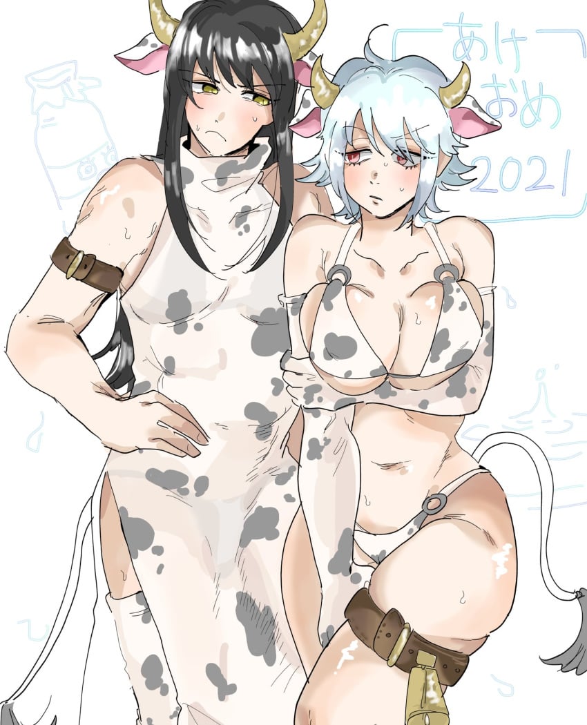 1boy 1girls 2021 alternate_costume arm_under_breasts armband big_breasts bikini black_hair blush breast_squish canon_genderswap cleavage cow_bikini cow_boy cow_ears cow_girl cow_horns cow_print_armwear cow_print_thighhighs cow_tail crossdressing curvy elbow_gloves embarrassed female frown genderswap_(mtf) ginko_sakata gintama gintoki_sakata hand_on_hip hs_evng8 katsura_kotarou kemonomimi long_hair_male looking_at_another male new_year red_eyes rule_63 short_hair side_slit sweat thigh_strap thighhighs underboob white_hair wide_hips year_of_the_ox yellow_eyes