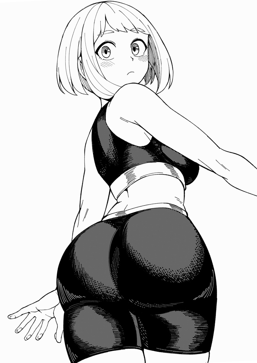 1girls absurdres arm_at_side ass ass_focus big_ass big_breasts bike_shorts blush breasts bubble_butt closed_mouth female from_behind gigantic_ass greyscale hatching_(texture) highres huge_ass kobaji large_breasts looking_at_viewer looking_back monochrome my_hero_academia ochako_uraraka open_hand short_hair shounen_jump simple_background solo sports_bra twisted_torso xiao_lin_gt