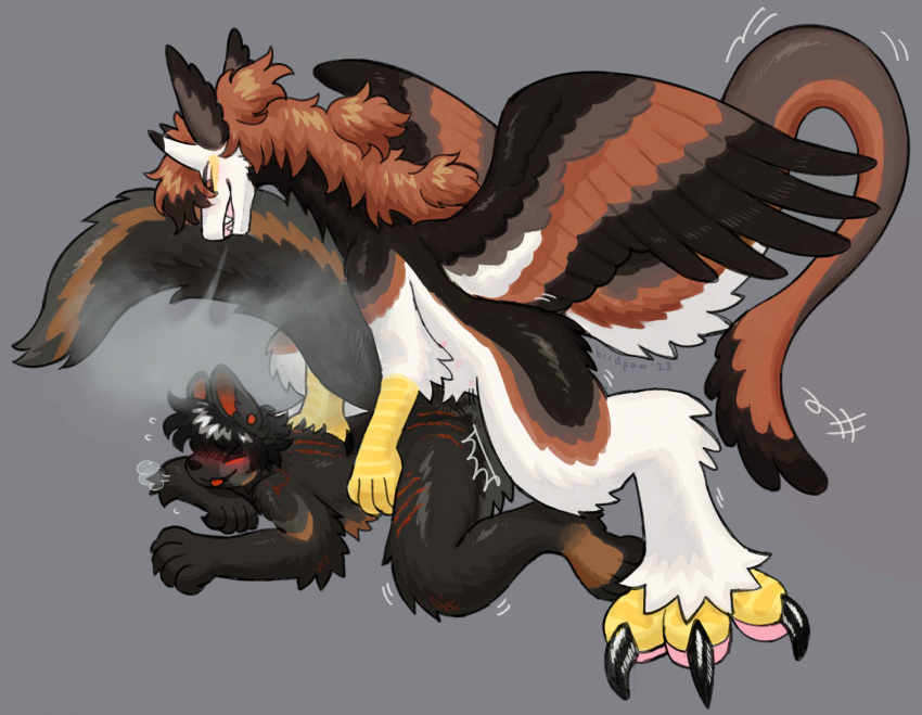 2023 anthro arm_tuft birdpaw_(artist) black_body black_fur black_hair black_horn_tip blep blush breath brown_body brown_feathers brown_fur brown_hair bruised claws closed_eyes digital_media_(artwork) dipstick_horn dragon duo elbow_tuft fangs feathered_dragon feathered_tail feathered_wings feathers full-length_portrait fur furred_dragon fursona_(birdpaw) glistening glistening_claws glistening_hair hair hi_res horn larger_anthro larger_male male monotone_hair multicolored_body multicolored_feathers multicolored_fur multicolored_horn multicolored_wings orange_body orange_feathers orange_fur pawpads pink_pawpads pink_tongue portrait red_inner_ear red_tongue scar size_difference smaller_anthro smaller_male smile smoke tail tail_tuft talon_hands teeth tongue tongue_out tuft white_body white_feathers white_fur white_horn wings wounded yellow_talons