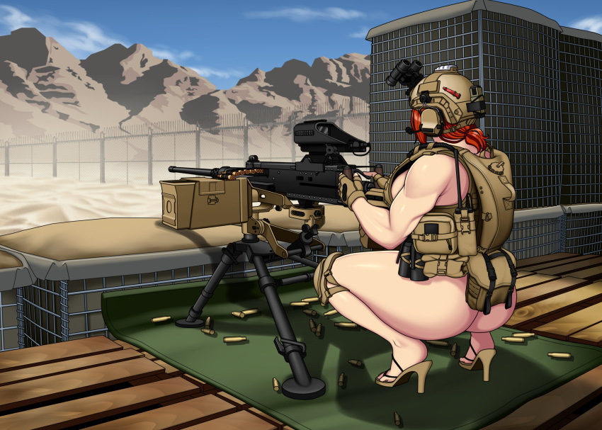 1girls ass breasts helmet hips machine_gun michelle_(mk001black) military mk001black muscular muscular_female night_vision_goggles original original_character plate_carrier red_hair soldier thick thick_thighs