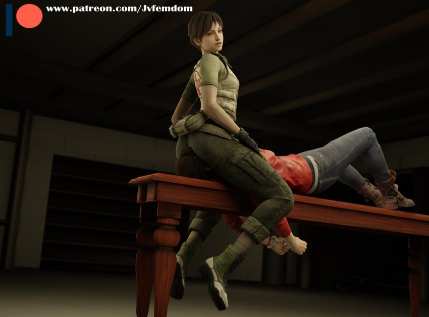 2girls 3d 3d_(artwork) absurd_res arrogant asphyxiation ass ass_focus beaten blender blue_eyes bondage boots brown_hair capcom claire_redfield combat_boots crush crushing defeated denim dominant dominant_female domination dominatrix facesitting facesitting_through_clothes female_domination femdom fight fingerless_gloves handcuffed handcuffs hands_behind_back hands_on_legs hands_on_thighs helpless highres humiliated humiliating humiliation jvfemdom leather_jacket legs lezdom looking_at_another looking_down looking_pleasured pants passing_out rebecca_chambers resident_evil resident_evil_0 resident_evil_2 resident_evil_2_remake resident_evil_5 resident_evil_remake restrained restrained_arms restrained_wrists ryona sadism sadistic sadistic_girl short_hair sitting_on_face sitting_on_person smiling smiling_at_another smothering smug squirming submission submissive thick_ass thick_thighs thighs trapped yuri