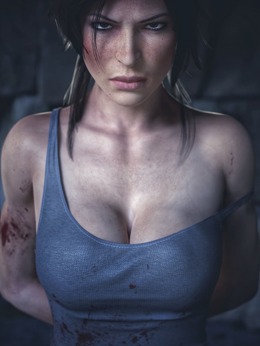 1girls 3d angry angry_face big_breasts blood blood_on_clothing bound bound_wrists breasts brown_eyes brown_hair captured captured_heroine cleavage clothed death_glare defiant elisanetishar female female_focus female_only frown glaring hands_behind_back implied_restraints lara_croft lara_croft_(survivor) large_breasts looking_at_viewer no_bra no_bra_under_clothes off_shoulder ponytail solo solo_female stare tank_top thick_lips tomb_raider tomb_raider_(survivor)