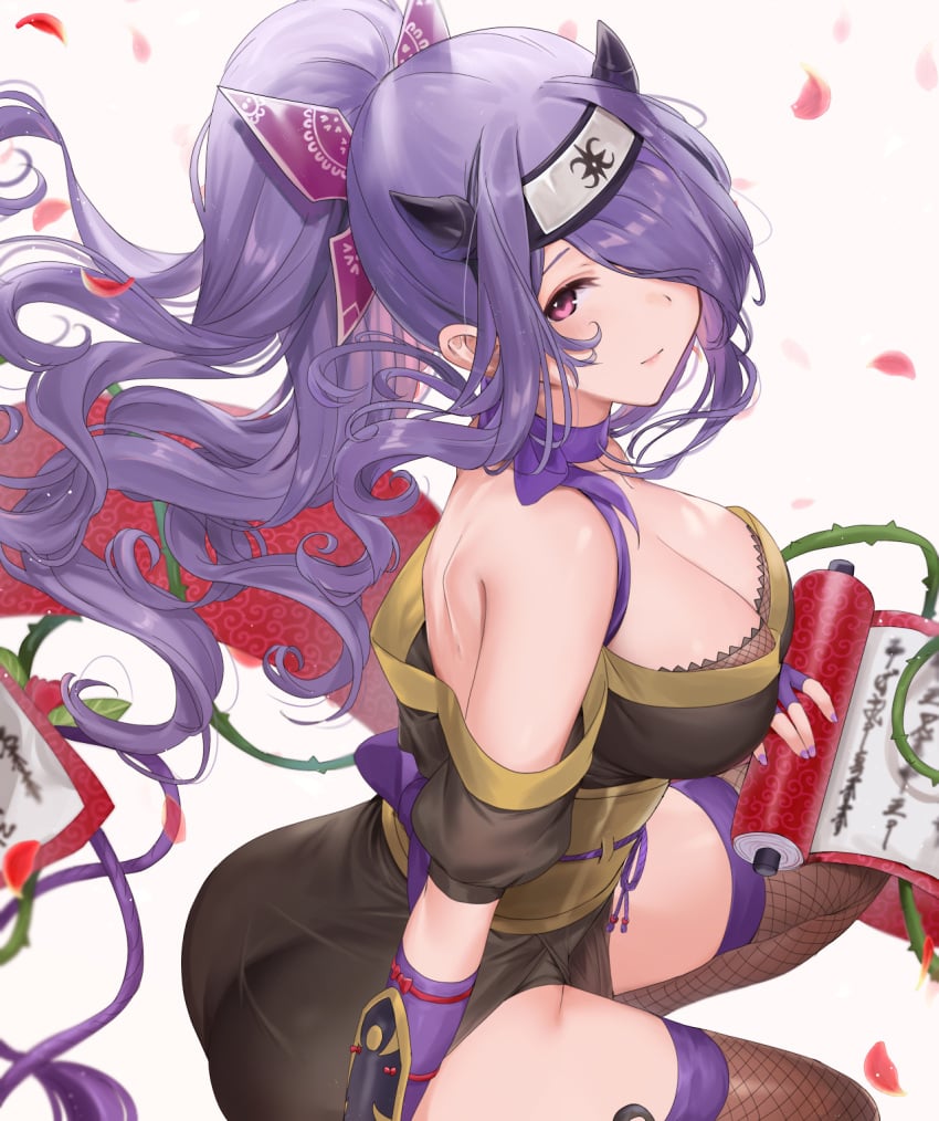 armor ass breasts camilla_(fire_emblem) camilla_(ninja)_(fire_emblem) choker cleavage female fire_emblem fire_emblem_fates fire_emblem_heroes fishnet_top fishnets haru_(nakajou-28) headband highres large_breasts long_hair ninja official_alternate_costume official_alternate_hairstyle scroll shuriken_hair_ornament thighhighs thighs very_long_hair