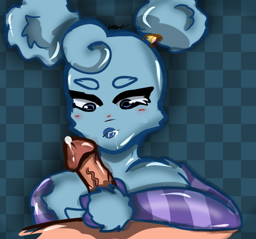 artist_signature big_blue_bubble blowjob blue_eyes blue_fur blush blush_lines cum_in_mouth fluffy hair_bun hair_buns msm my_singing_monsters my_singing_monsters:_dawn_of_fire pomily sooza