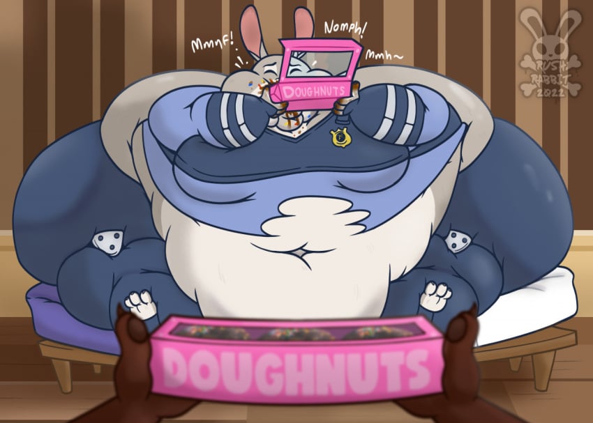 anthro ass badge bed belly box_of_donuts breasts bunny closed_eyes clothing disney donut eating fat feederism female female_focus female_only furry grey_fur hips hyper hyper_ass immobile judy_hopps lagomorph lagomorph_humanoid large_ass nick_wilde obese obese_female police police_uniform policewoman rabbit ripped_clothing ripped_shirt rushrabbit slob stomach thick_thighs thighs torn_clothes wardrobe_malfunction white_fur wide_hips zootopia