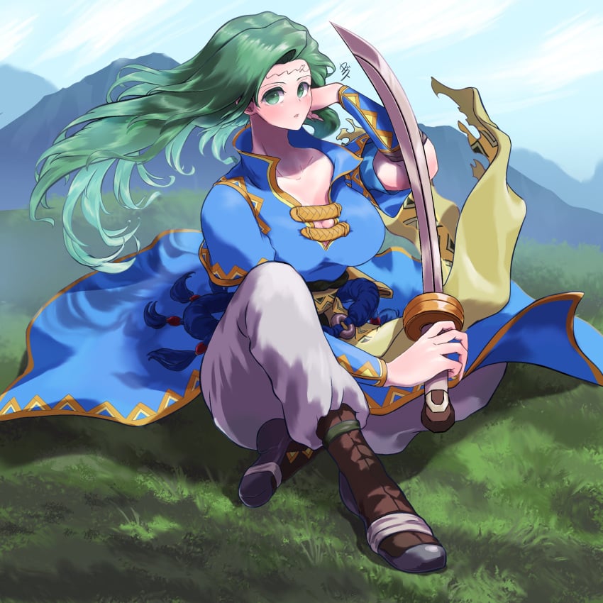 1girls alternate_costume annand_(fire_emblem) breasts cosplay female female_only fire_emblem fire_emblem:_genealogy_of_the_holy_war green_eyes green_hair large_breasts long_hair looking_at_viewer nintendo outdoors sitting solo sword ta_dasu_(tadasu_hayashi) weapon