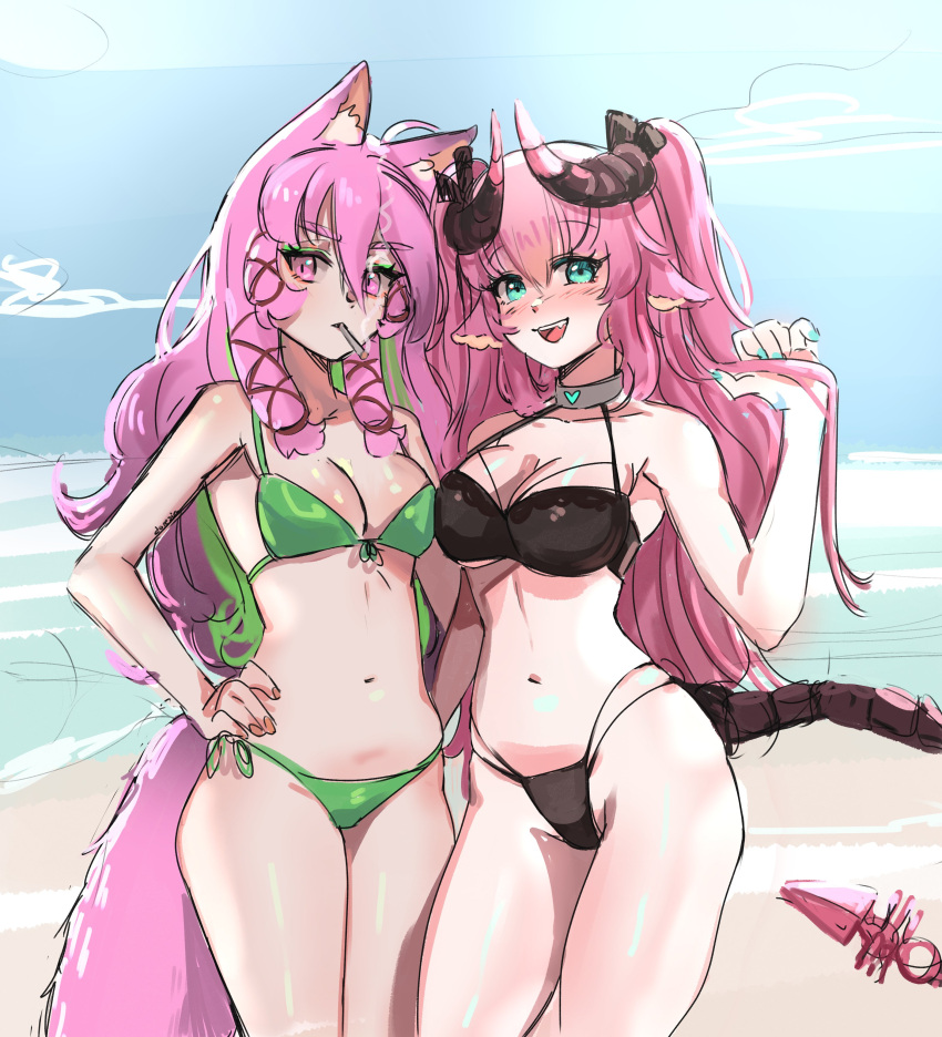 2girls beach big_breasts black_bikini blue_eyes breasts cigarette curvy curvy_female doresia doresiavt female female_only furry_ears furry_tail green_bikini horns irelyth neko_ears pink_hair succubus tail virtual_youtuber