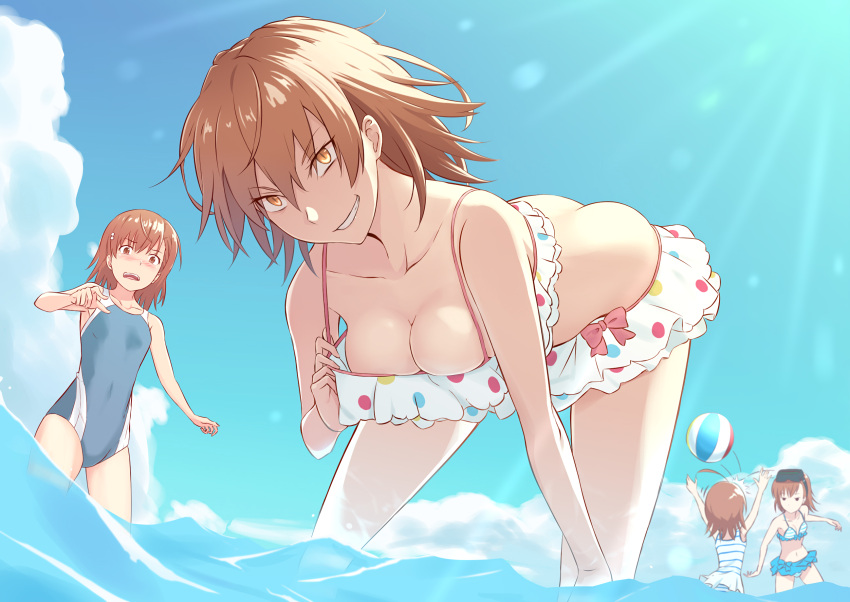 10s 2019 4girls ahoge ass bare_shoulders bent_over big_breasts bikini bikini_skirt black_one-piece_swimsuit blue_bikini blush borrowed_clothes breasts brown_eyes brown_hair busty cleavage clone collarbone day female frilled_bikini frills grin hand_on_knee hand_on_own_knee head-mounted_display hi_res jack_(artist) large_breasts last_order leaning_forward medium_breasts misaka_imouto misaka_mikoto misaka_worst mismatched_bikini multiple_girls naughty_face navel one-piece_swimsuit open_mouth outdoors polka_dot polka_dot_bikini pose posing sensual short_hair small_breasts smile standing swimsuit teasing teenage_girl teenager to_aru_kagaku_no_railgun to_aru_majutsu_no_index tokiwadai_school_swimsuit water white_bikini young