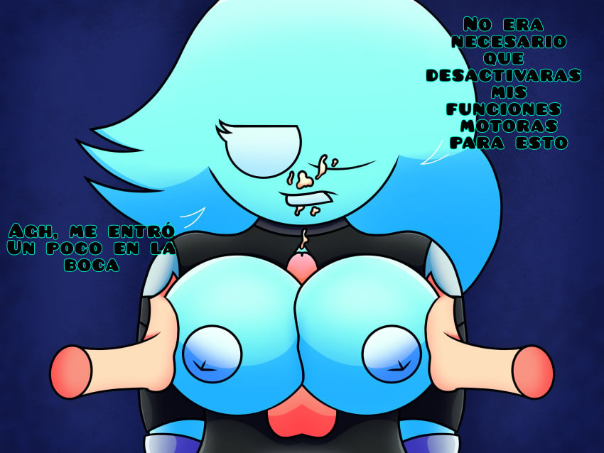 big_breasts cian_skin cum cum_on_body cum_on_face cumshot eda_(kingfogkf) elemental_creature kingfogkf male/female paizuri penis robot_girl robotic spanish spanish_text titfuck titjob white_eyes