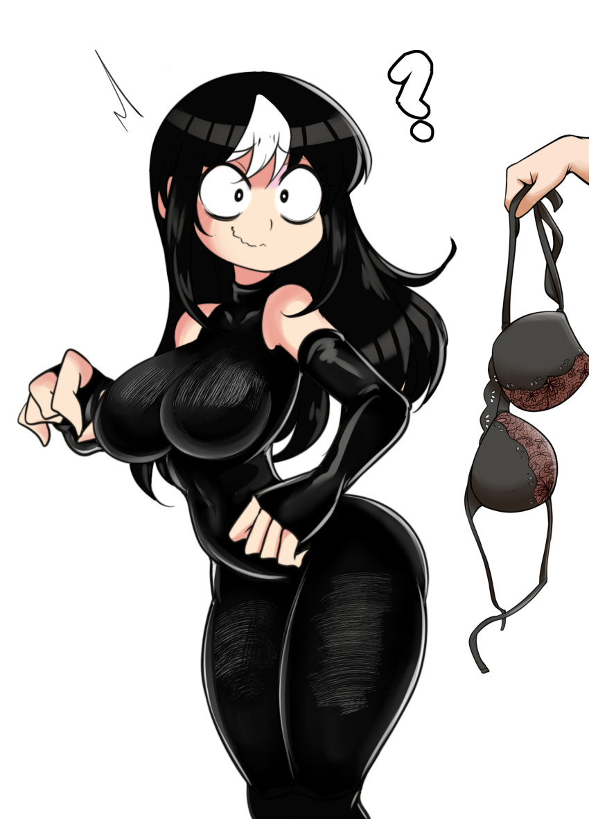 armsleeves armwear big_breasts black_hair bra breasts female fully_clothed long_hair lucyfercomic noss_the_nosferatu_(crap-man) original original_character suprised suprised_eyes suprised_look tagme white_streak